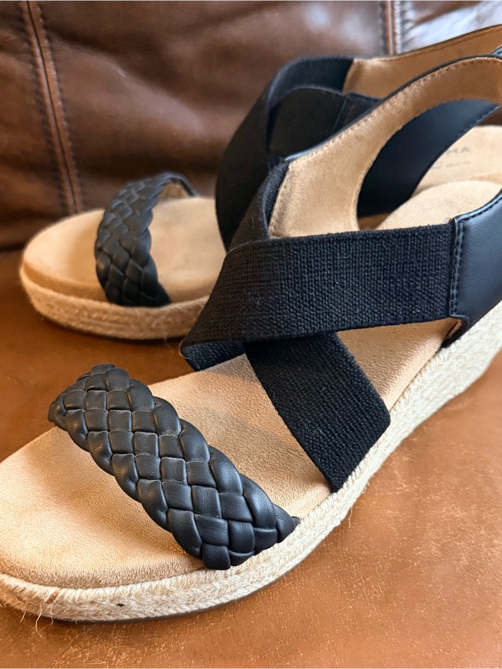 Sonoma Black Braided Espadrille Wedge Sandals with Elastic Crossover Straps